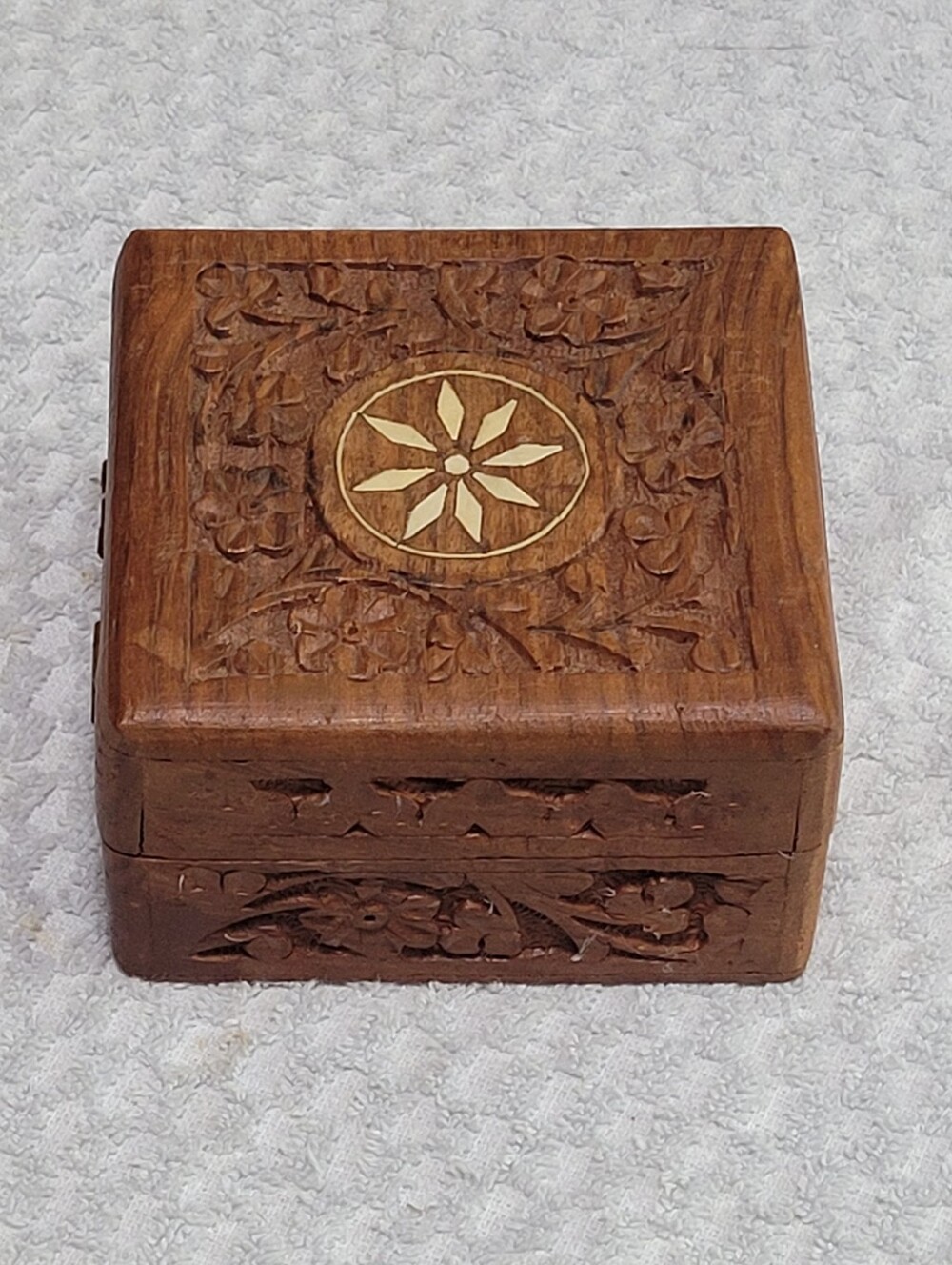 Vintage Hand-Carved Wooden Trinket Box with Floral Inlay Made in India